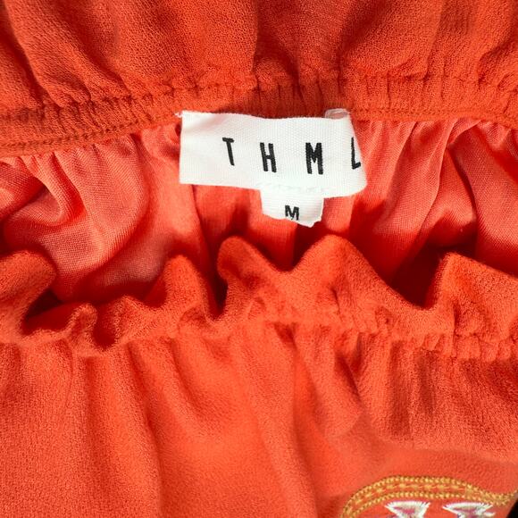 THML Orange Aztec-Inspired Embroidered Off Shoulder Ruffle Mini Dress Sz Medium - Picture 11 of 13